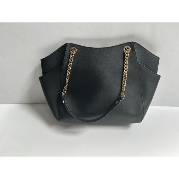 Michael Kors Jet Set Travel Large Leather Gold Chain Shoulder Tote Black Handbag - Picture 3 of 14